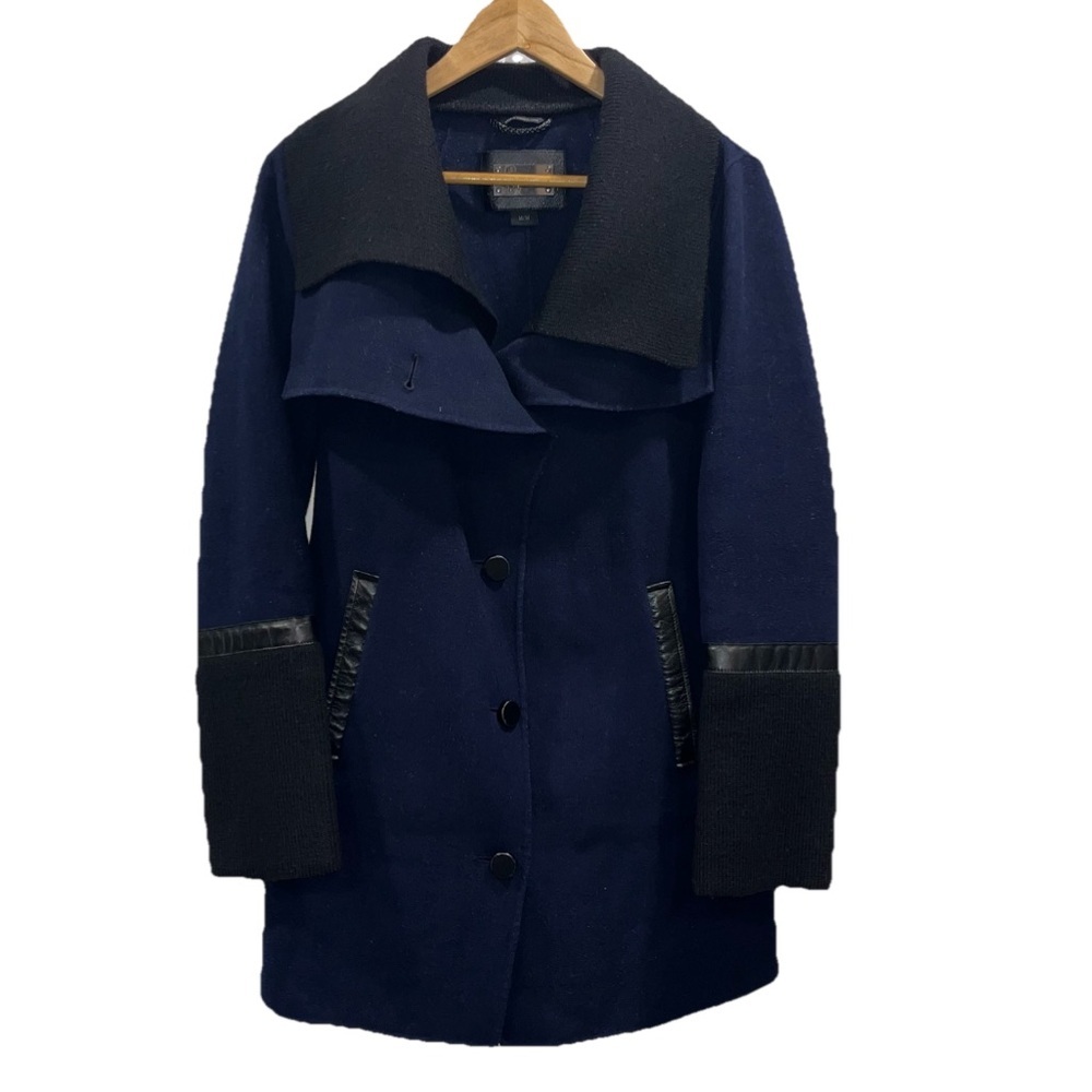 Mackage Navy Wool Blend Pea Coat Knit Collar Jacket Medium - Picture 4 of 13